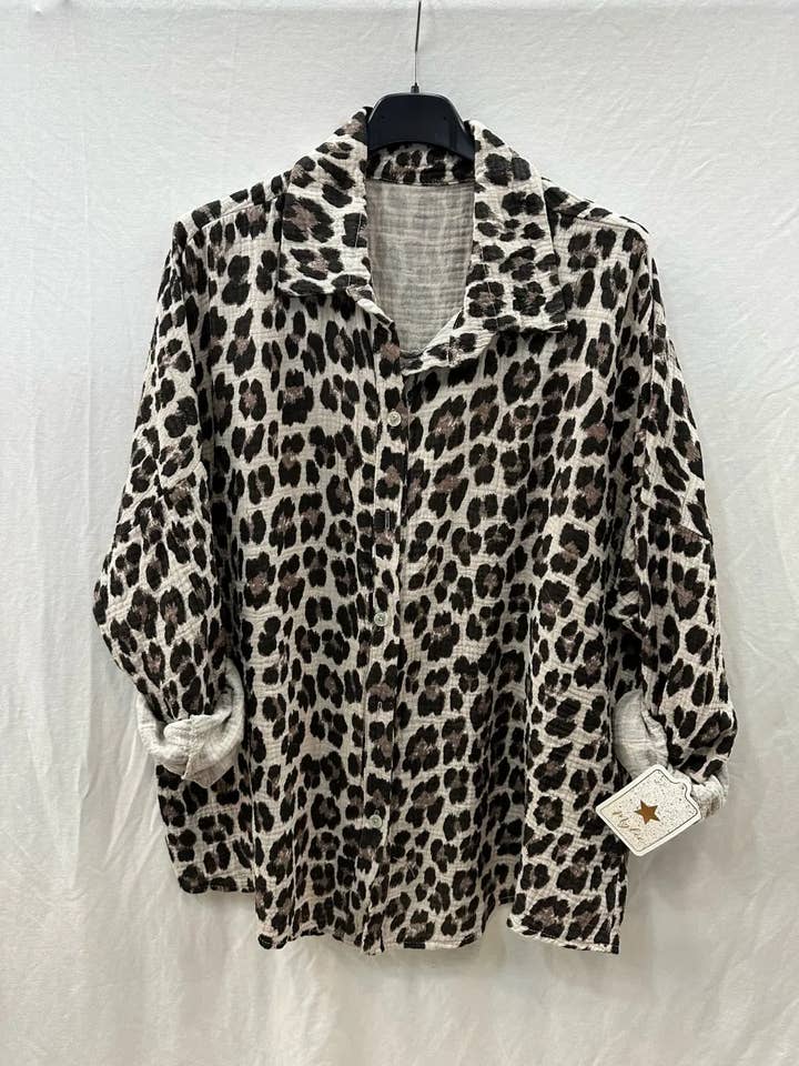 Mimi & Gogo - Vendita all'ingrosso Camicia button down - Donna - Camicia in garza di cotone con leopardo @8800_ChLeoGaze