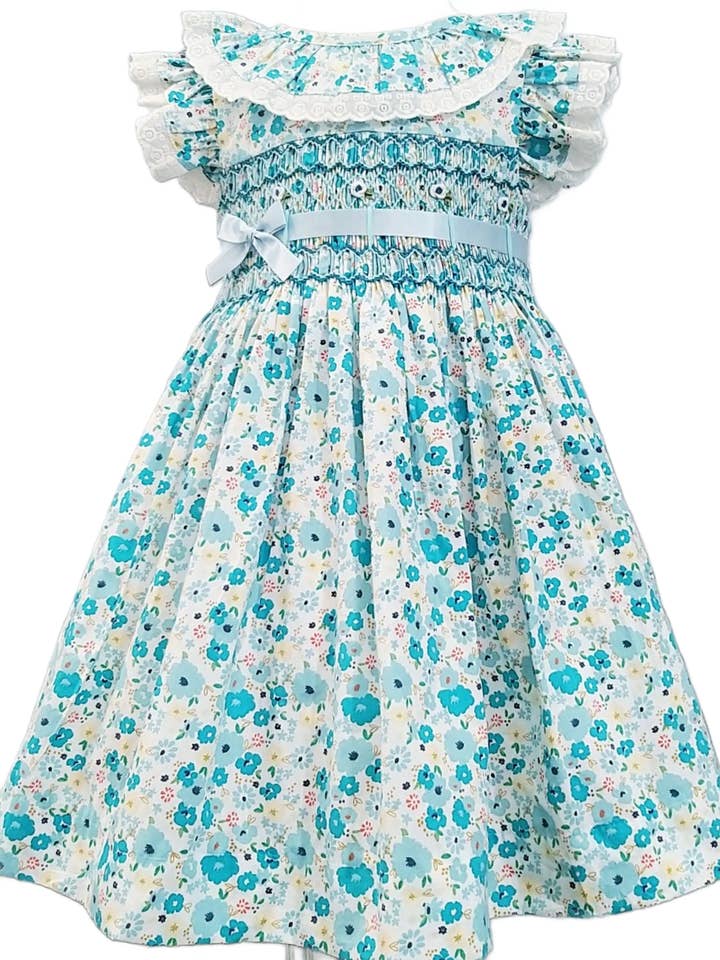 PHLONA - Wholesale Dress - Kids - Blue Floral Smocked Little Girl Dress