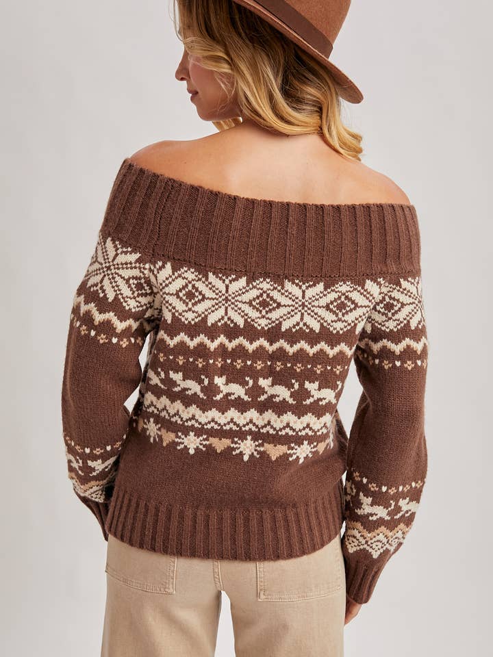 Bluivy - Wholesale Knit Sweater - Women's - FAIR ISLE OFF SHOULDER KNIT SWEATER - HOLIDAY7