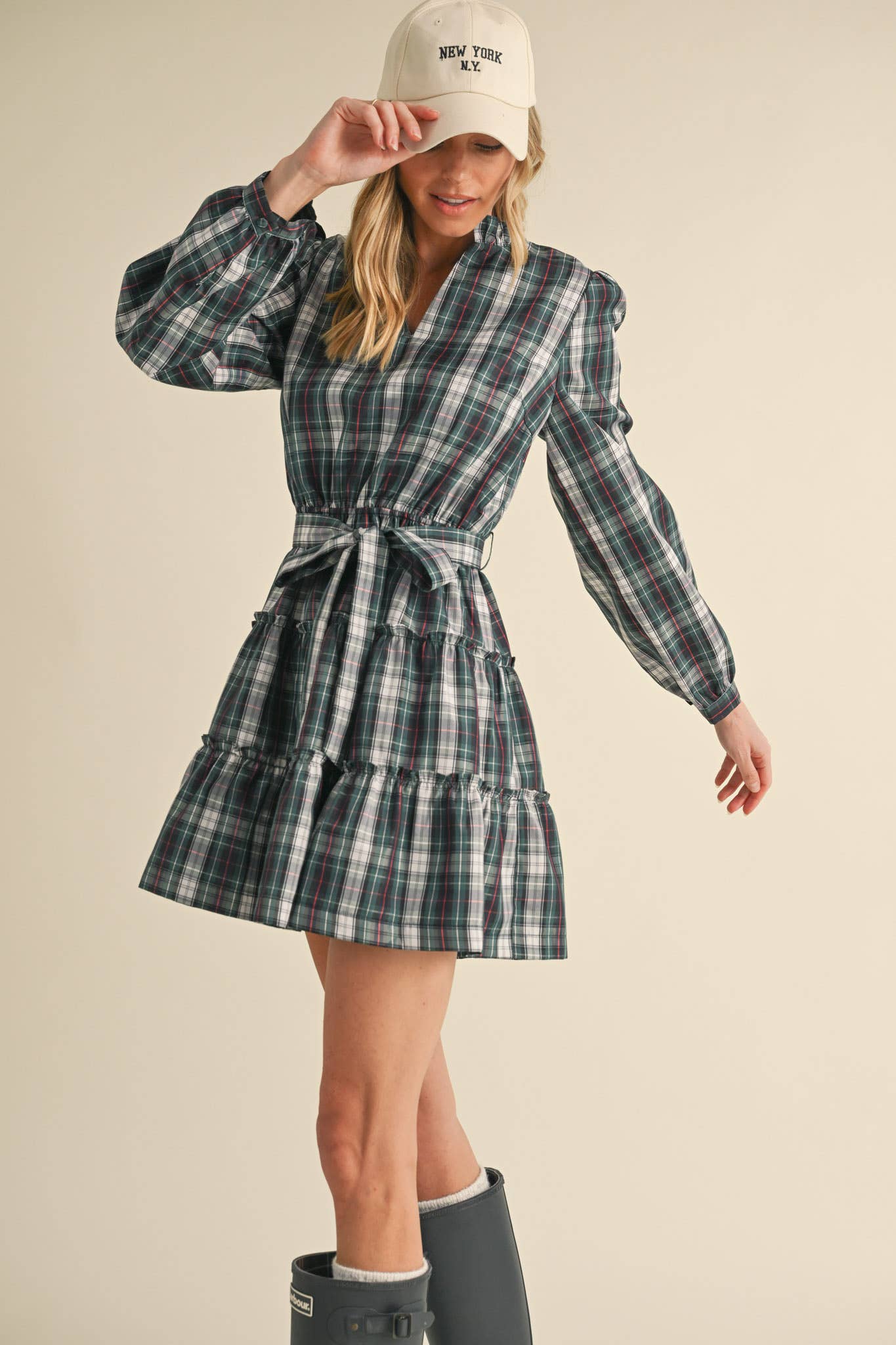 &MERCI - Wholesale Dress - Women's - PLAID MINI DRESS WITH TIERED RUFFLE TRIM MDR35388