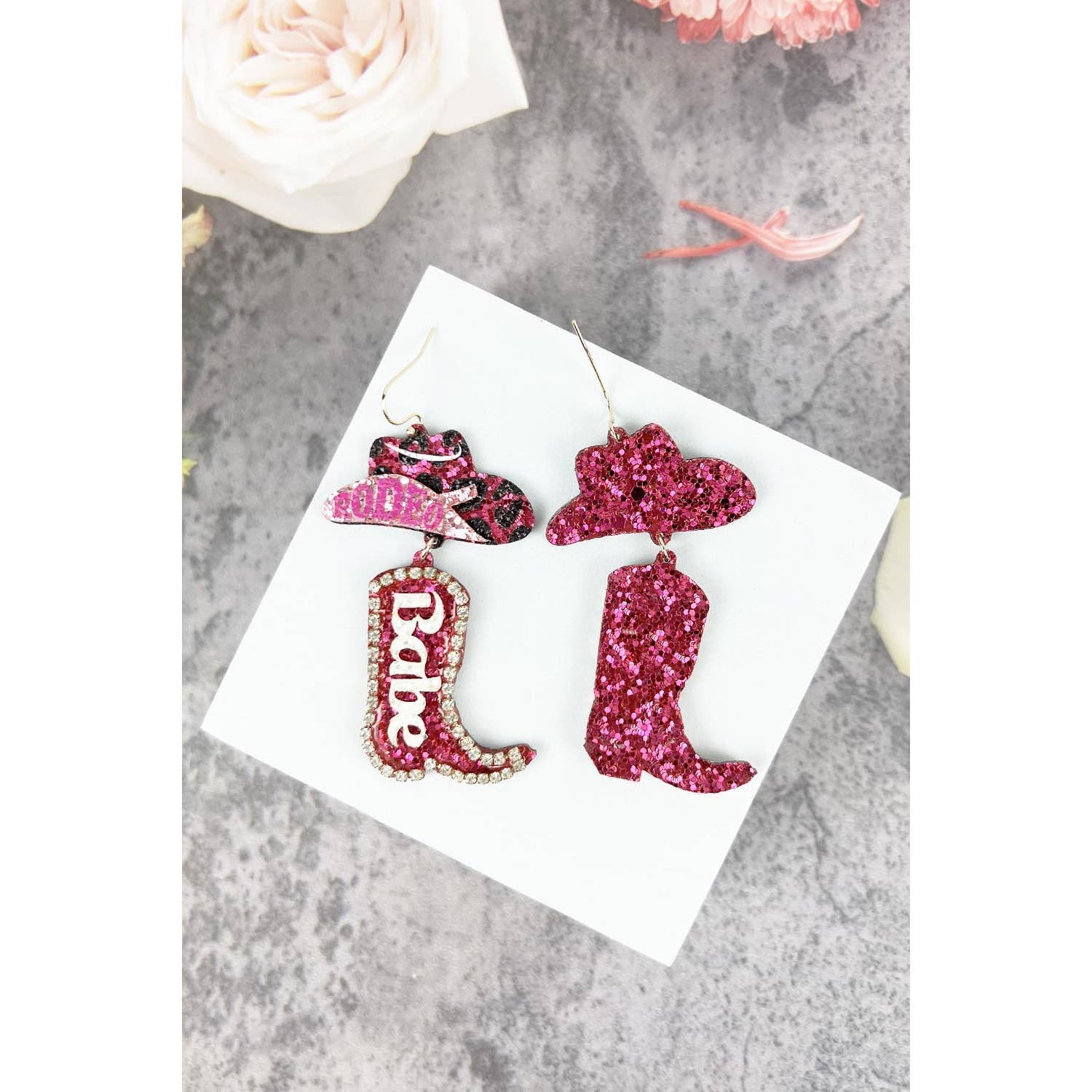 JHP Collection - Wholesale Dangle Earrings - RODEO BABE HOOK EARRING OF GLITTER COW BOY HAT AND BOOTS
12