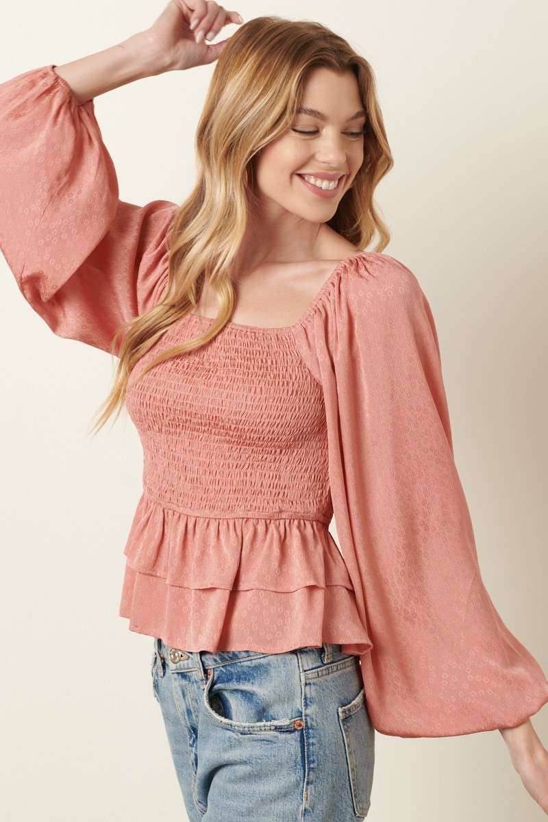 mittoshop - Wholesale Blouse - Women's - H14432A-FLOWER JACQUARD SMOCKING BODICE BLOUSE2