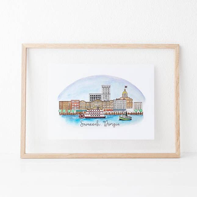 Impresión artística del horizonte de Savannah, Georgia para venta al por mayor de Natty Michelle Paperie