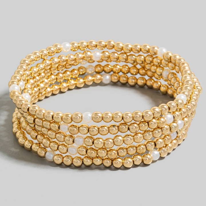 GCRM 5Pc Pearl And Metallic Beaded Bracelet Set for wholesale on Faire