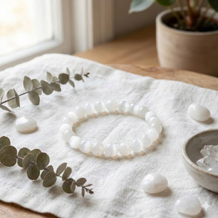 Selenite Round Bead Stretch Bracelet (8 mm) for wholesale by Crystal River Gems LLC