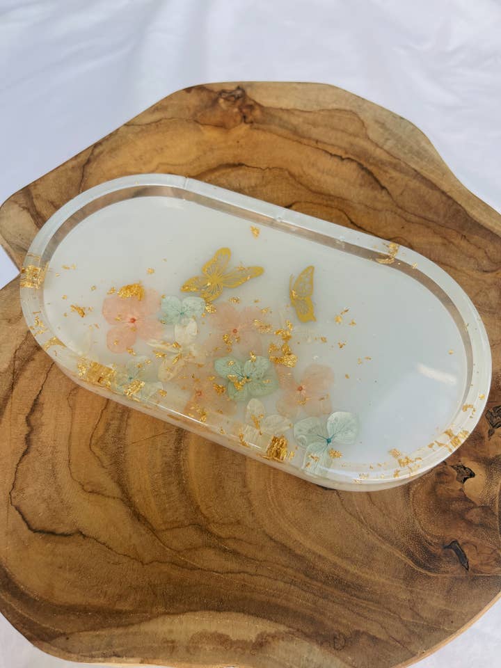 Peach/Blue Butterfly Hydrangea Garden Tray in White for wholesale by Msn J Arts