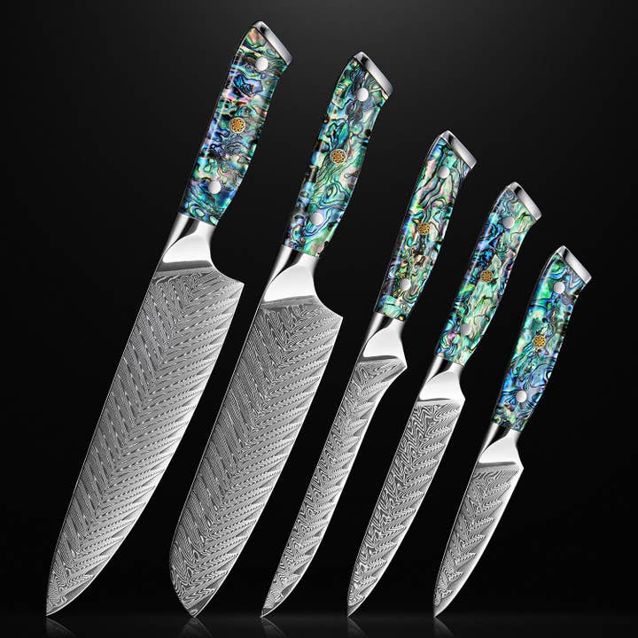 Ensemble de 5 couteaux japonais en acier damas avec coquille d'ormeau pour la vente par Senken Knives