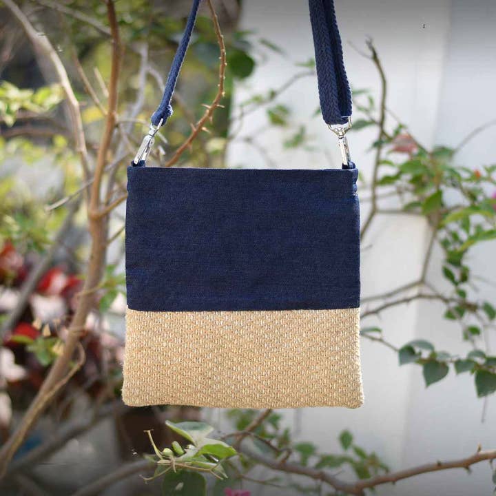 Handmade Jute and Denim Crossbody Bag with Strap for wholesale by Kleene