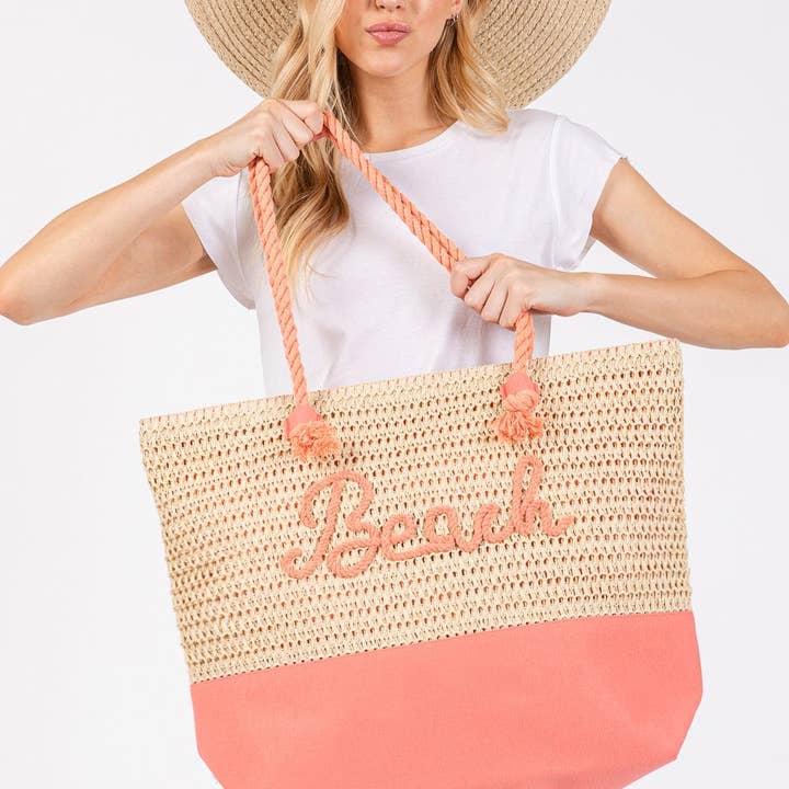 MiMi Wholesale - Wholesale Beach Bag - MB0266 Sewn Rope Beach Letter Color Straw Tote Bag
