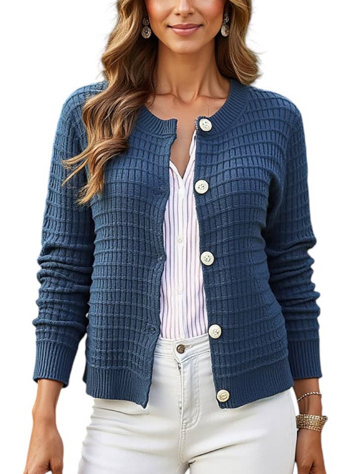 Textured Knit Button-Front Cardigan with Long Sleeves and Ri for wholesale by Anna Kaci Wholesale
