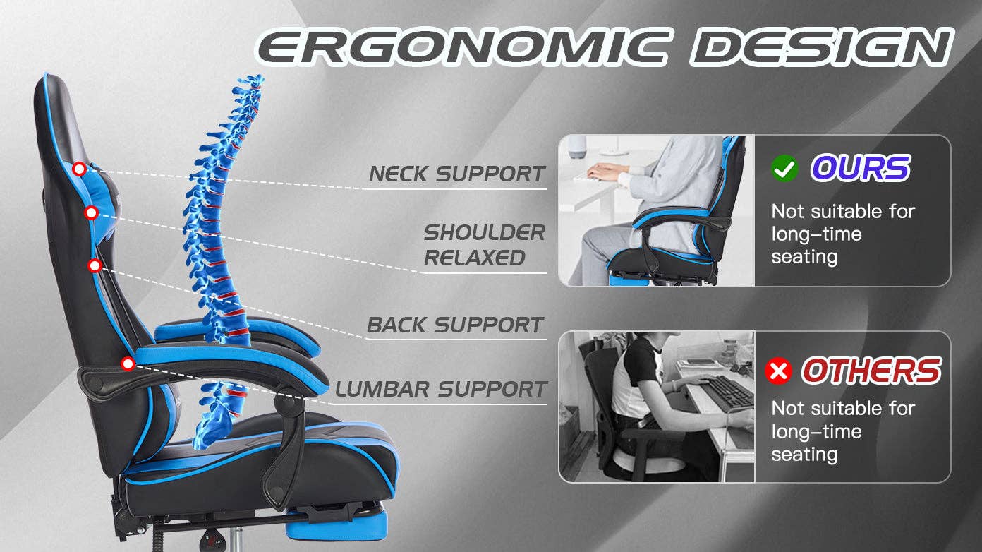 39F Inc. - Wholesale Chair - Blackblue Gaming Chair with Footrest & Ergonomic Support14