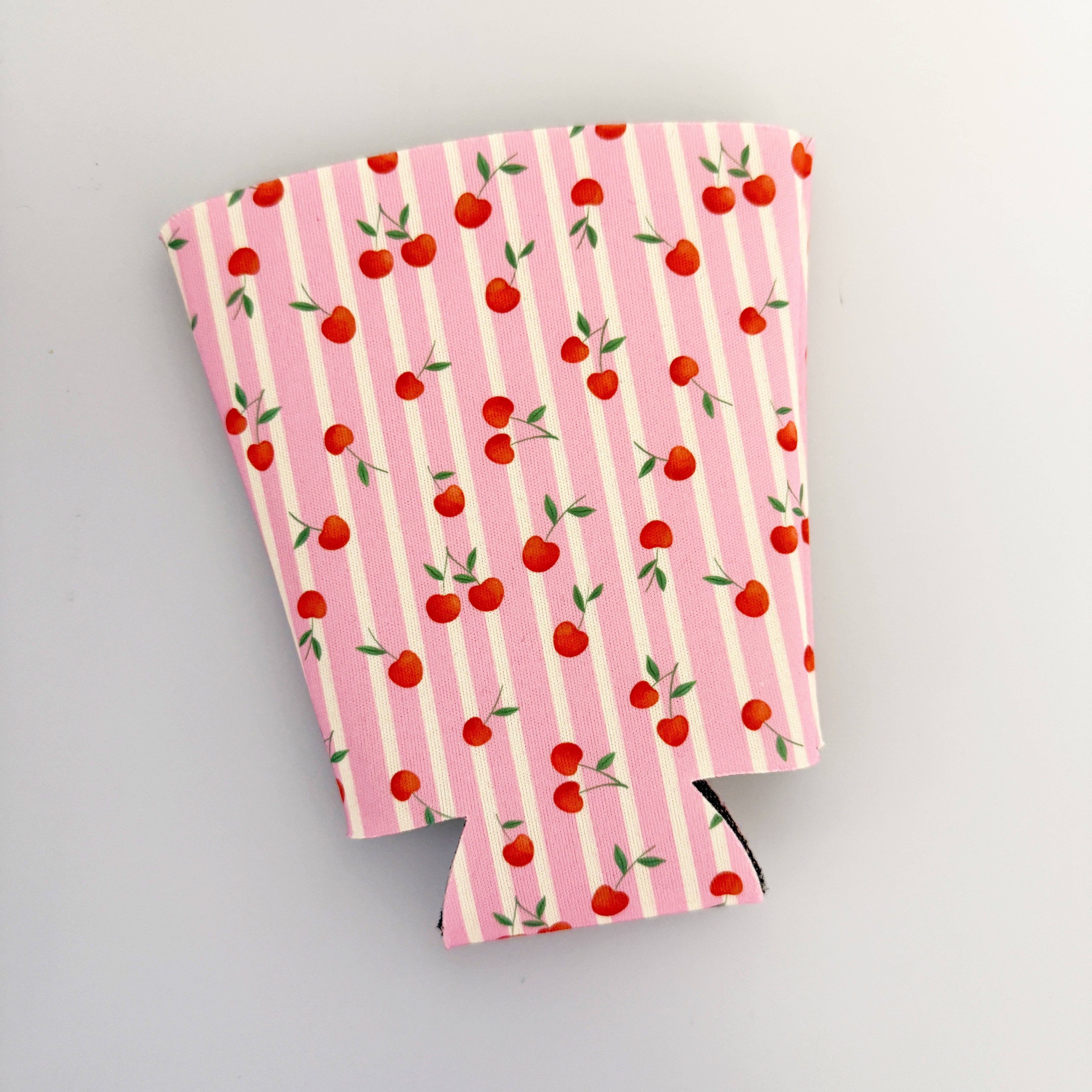 Sonny Rising - Wholesale Drink Huggers & Koozies - Iced Coffee Sleeve, Pink Stripe Cherries1