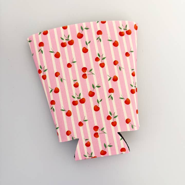 Sonny Rising - Wholesale Drink Huggers & Koozies - Iced Coffee Sleeve, Pink Stripe Cherries1
