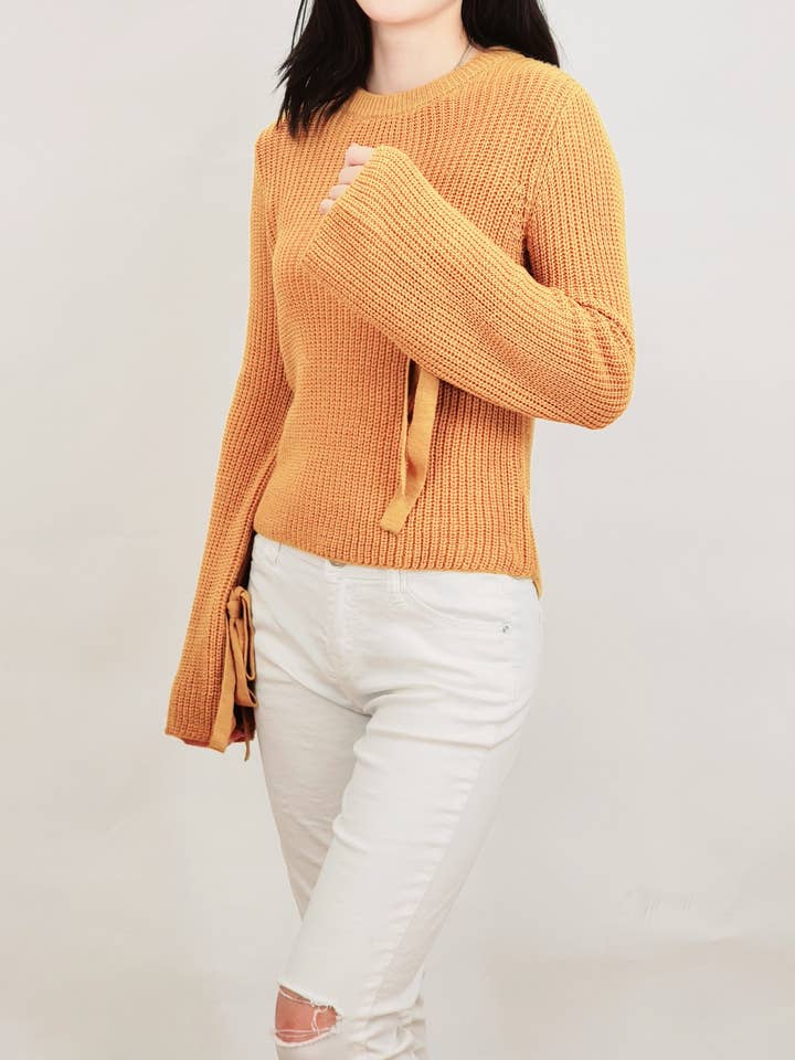 Mak - Wholesale Knit Sweater - Women's - Bow Bell Sleeve Waffle Knit Sweater Pullover MK82143