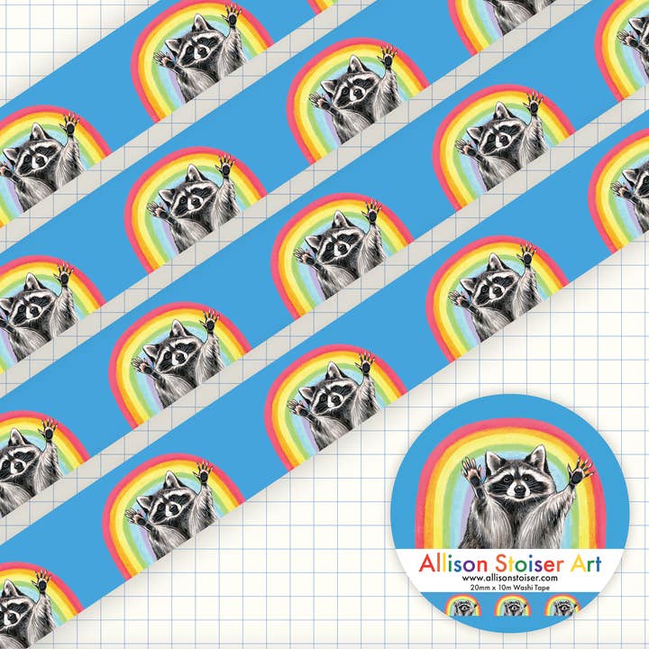 Rainbow Raccoon Washi Tape for wholesale by Allison Stoiser Art