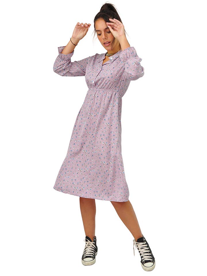 Violettes Midikleid mit Blumenmuster für den Großhandel von Kalimera Clothing Athens