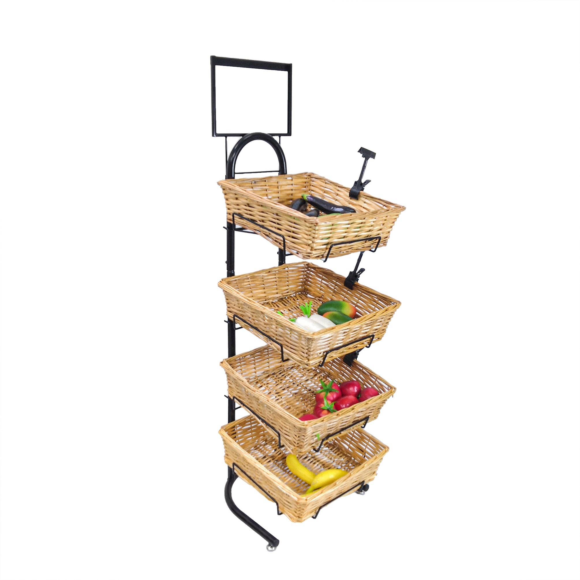 FIXTUREDISPLAYS - Wholesale Retailer Display Stand/Case - 4 Tier Basket Stand, Sign Clips, Wicker - Black 120006-NEW0