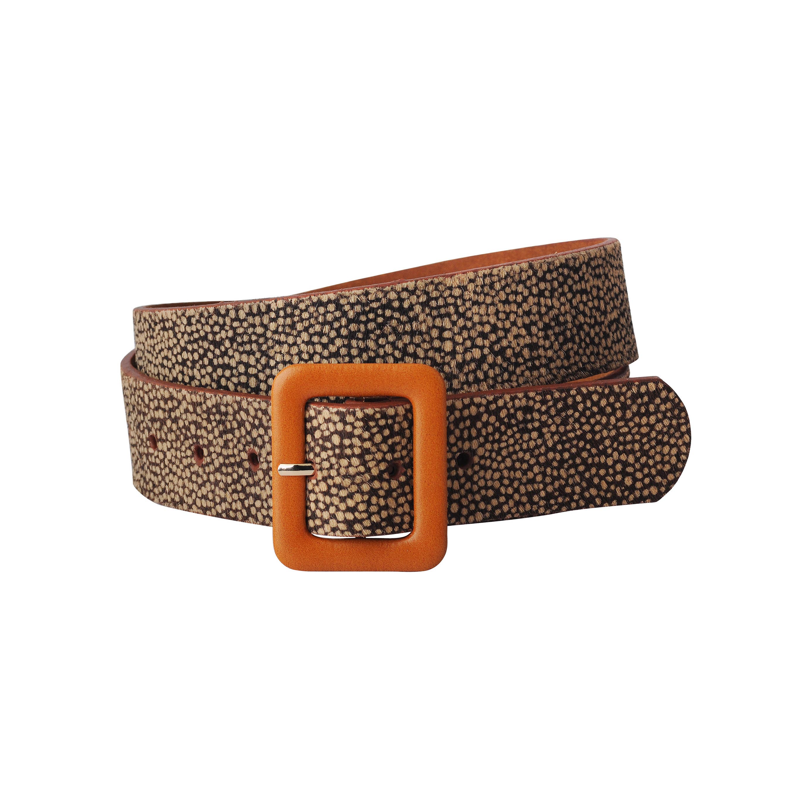 Tan Spotted Print Calf Hair Belt with Rectangular Buckle for wholesale on Faire