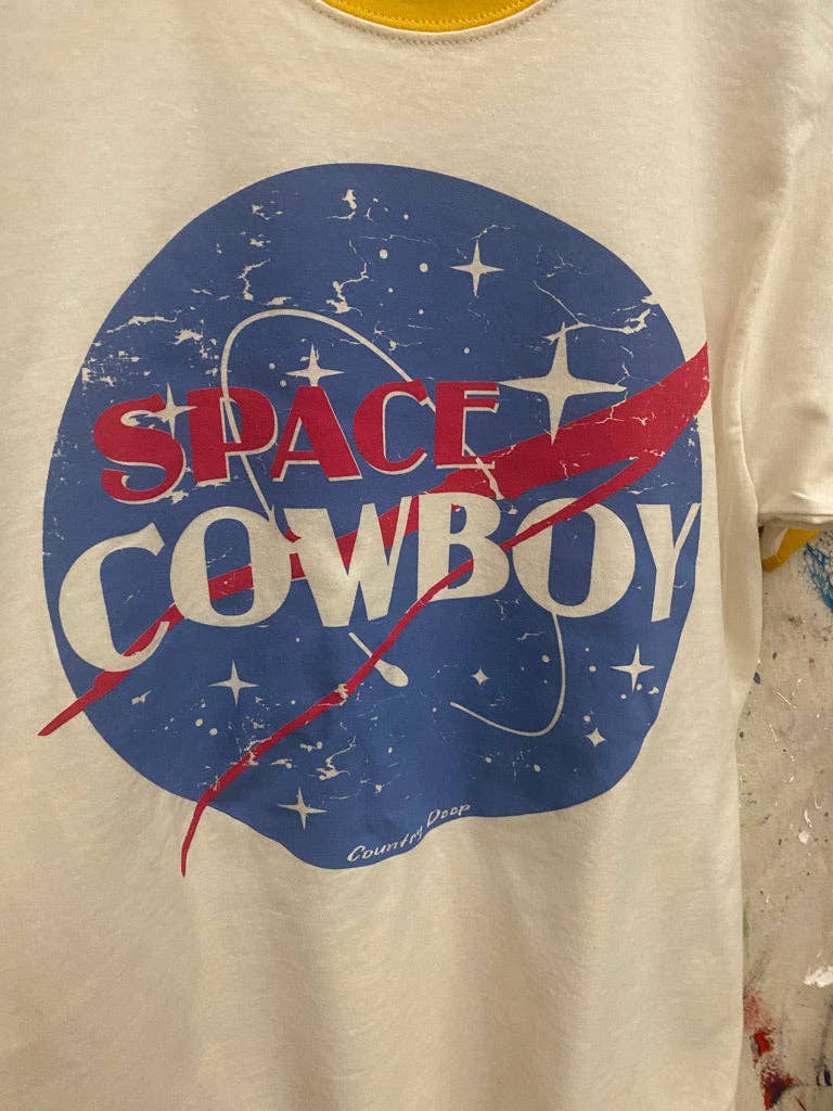 White Yellow Space Cowboy Ringer Vintage unisex T-Shirt for wholesale on Faire1