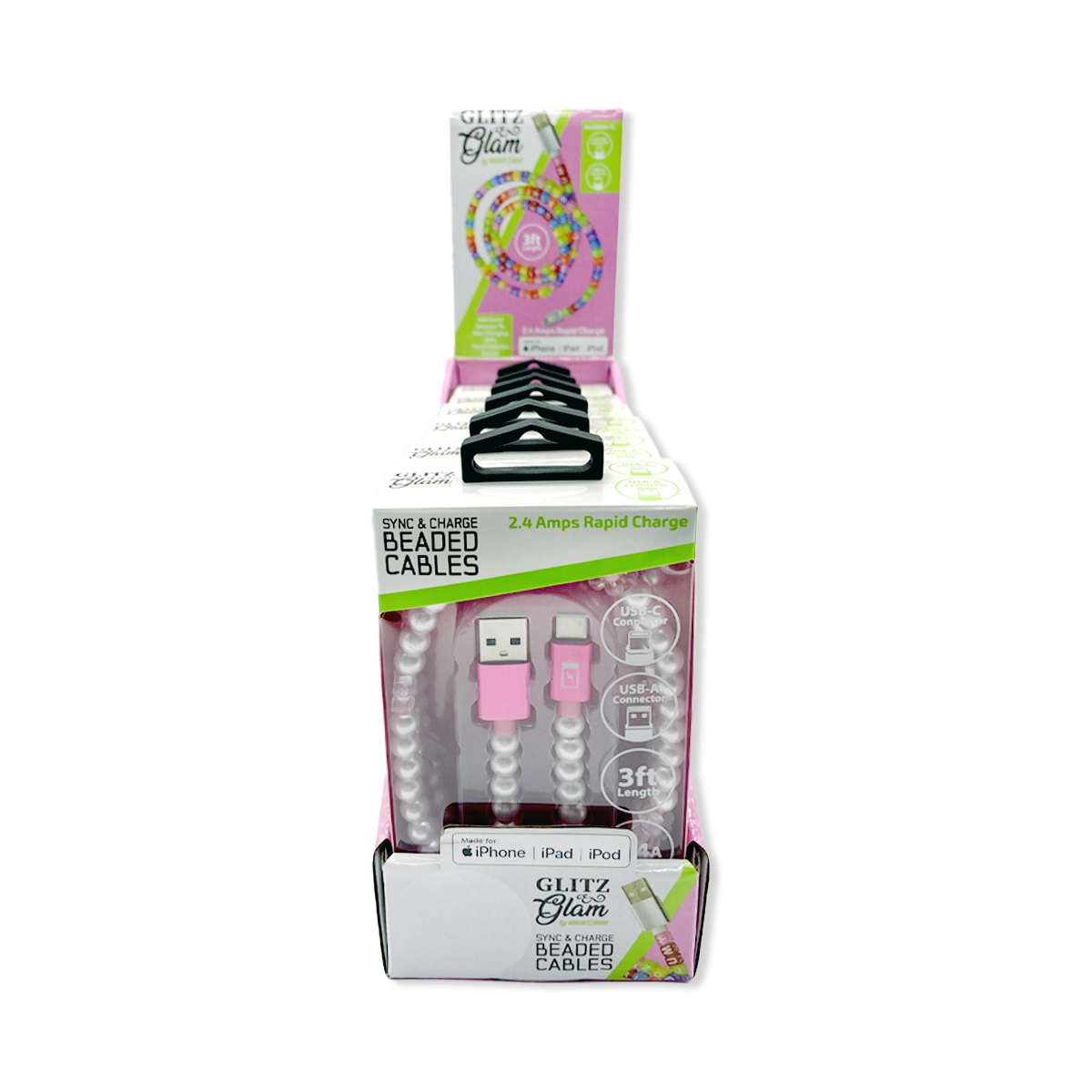 Novelty Brands - Wholesale Charging Cable - Charging Cable Variety Glitz & Glam Beaded 3 ft- 6/Display3