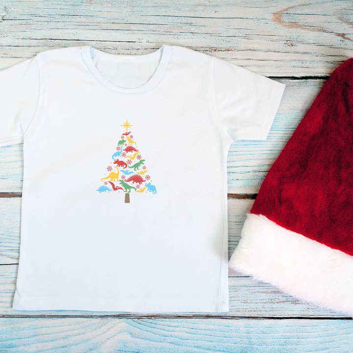 T-shirt de Noël pour enfants Dinosaur Christmas Tree XS-X pour la vente par Shine Thrive Grow