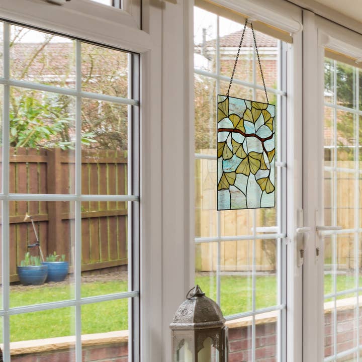 River of Goods - Wholesale Suncatcher - 17.5"H Robert Yellow Gingko Leaf Stained Glass Window Panel