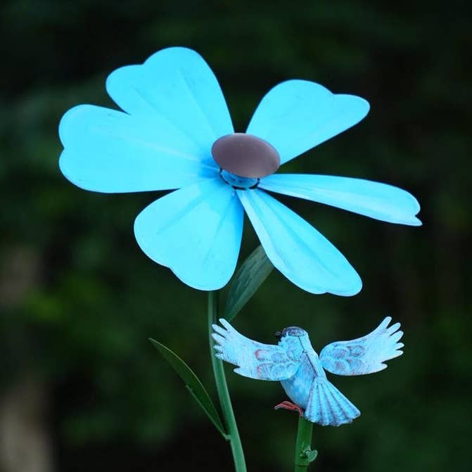 Metal Flower Wind Spinner with Blue Bird for wholesale by Artisan Metal Art INC