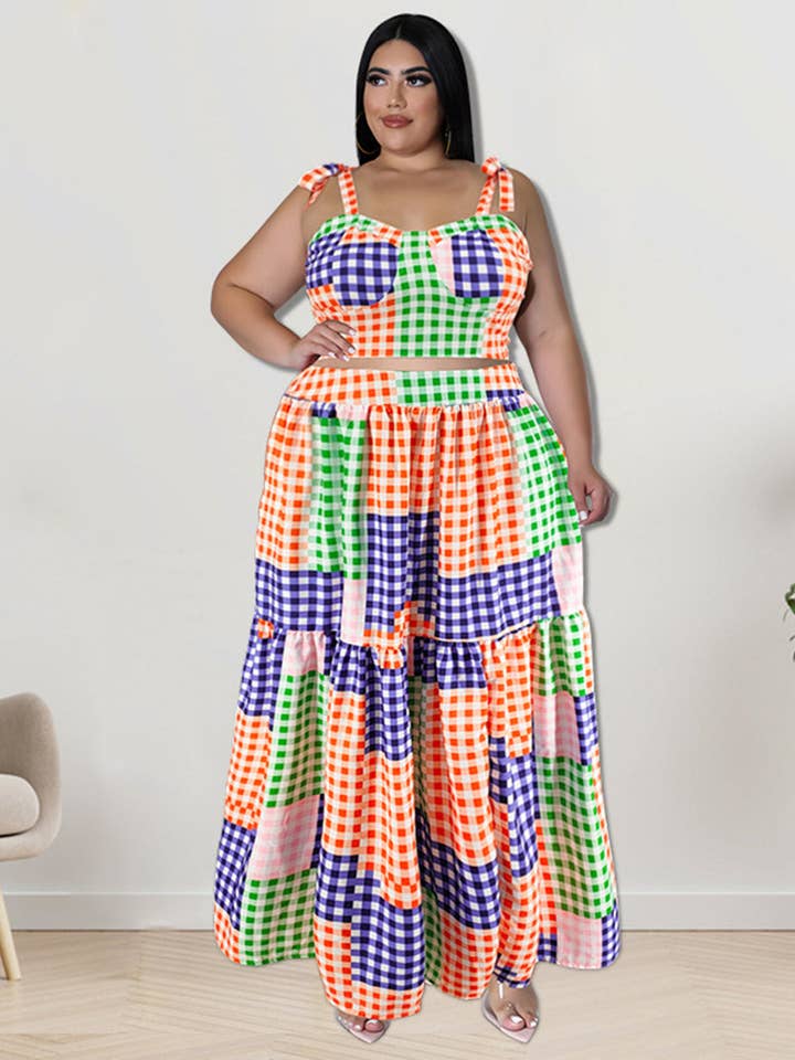 Sleeveless Plaid Blazer and Skirt Set for wholesale by Aria Romance