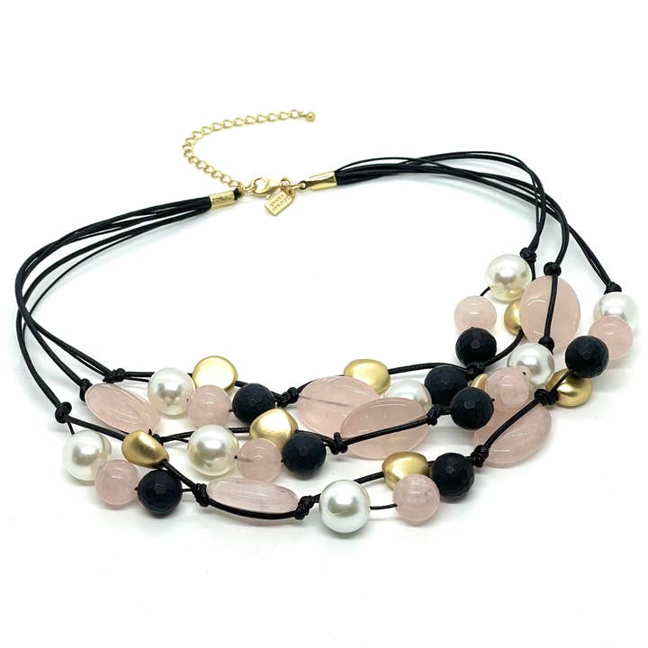 Rose Quartz, White Pearl and Black Onyx Torsade for wholesale by Deborah Grivas Designs