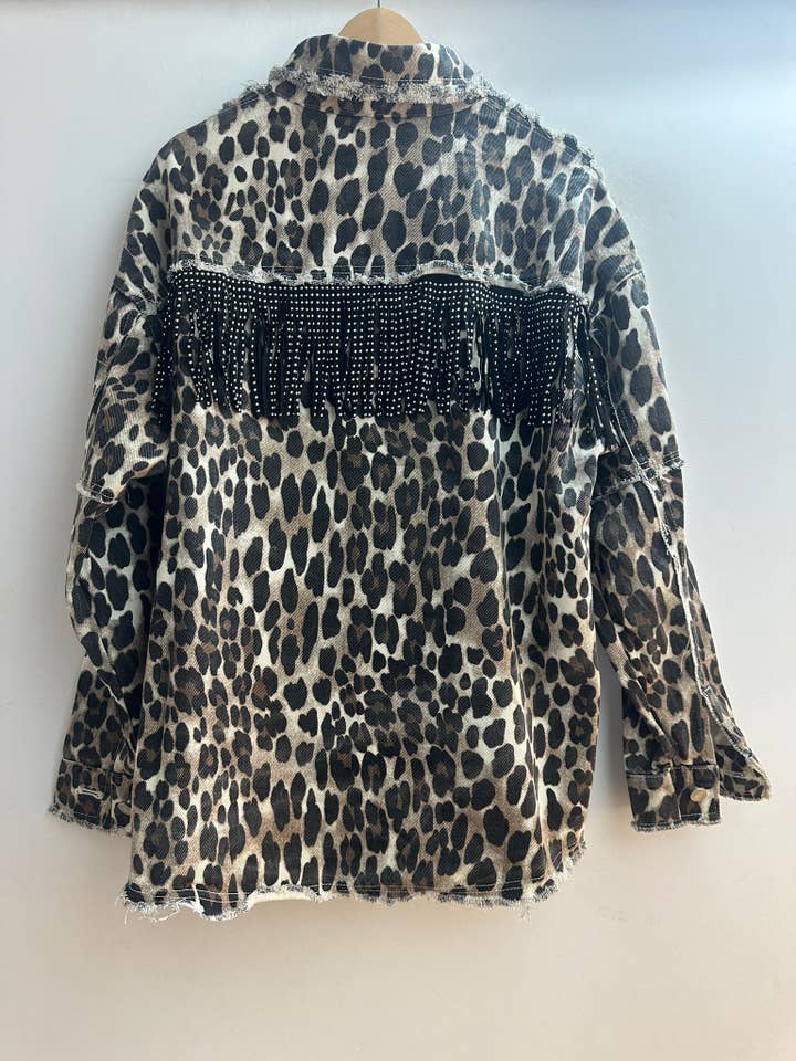Beige 7310 Leopard print denim jacket with fringes for wholesale on Faire6