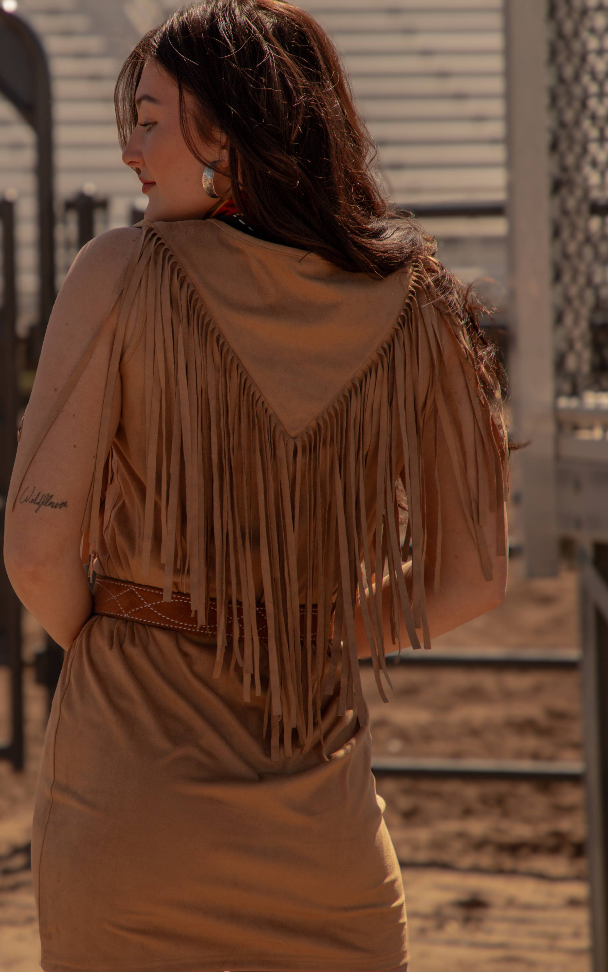 Multi Colored Poly Faux Suede Dress with Frings-D-203 for wholesale on Faire1