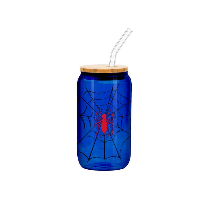 Spiderman Spidey Log and Web 16oz Glass Tumbler w Bamboo Lid for wholesale by Silver Buffalo