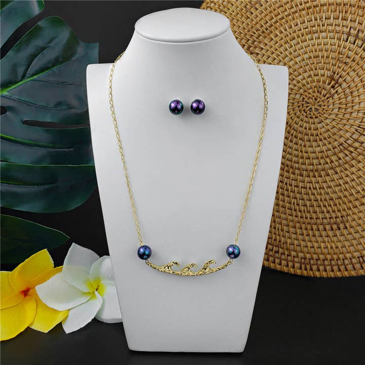 Set Of Pearl Stud Earrings And Carved Ocean Waves Necklace With Pearls In Different Colors for wholesale by S&T Collections