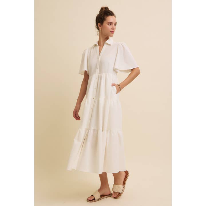 in february - Wholesale Dress - Women's - FLUTTER SLEEVED BUTTON-DOWN SHIRT MIDI DRESS