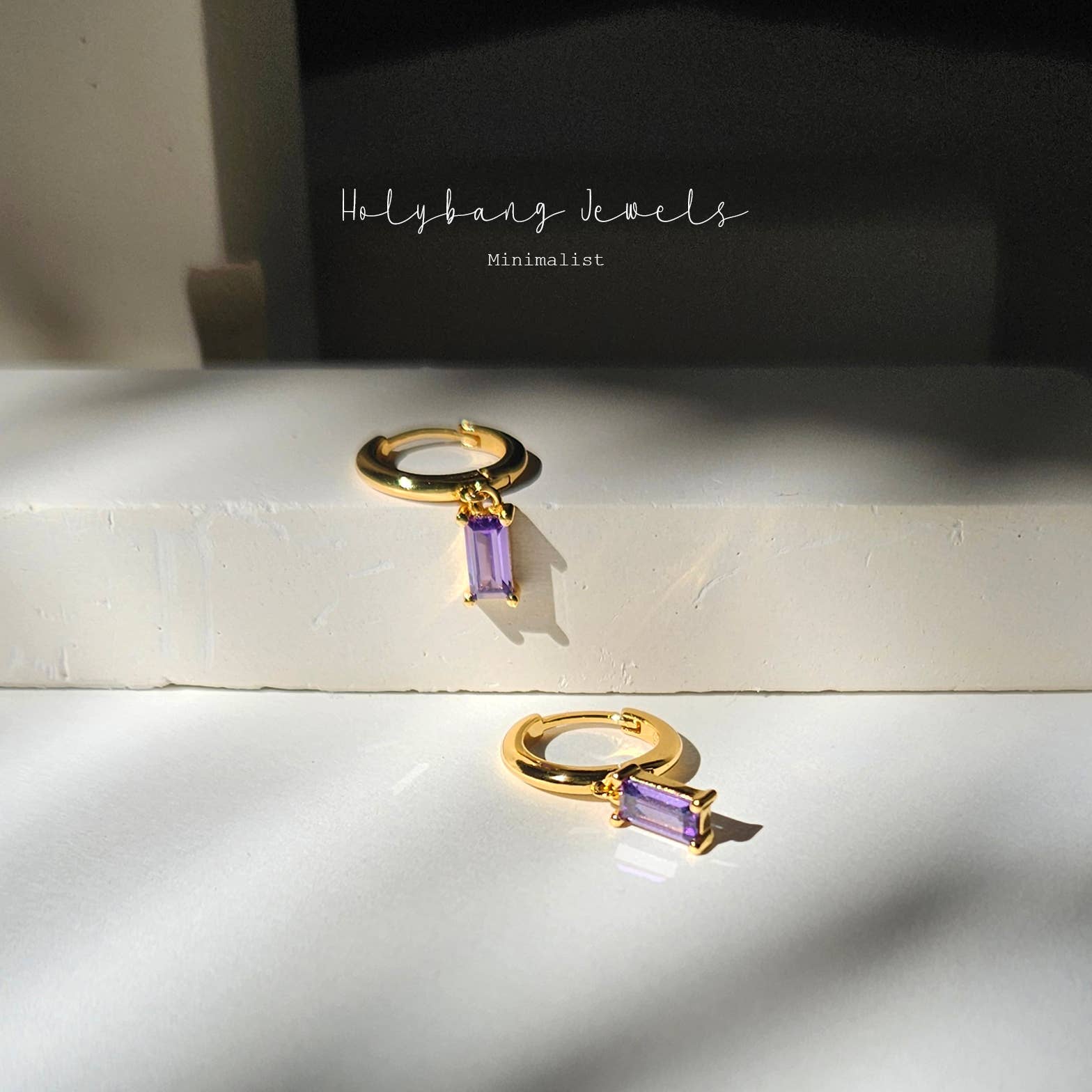 HolyBang Jewels - Vente Petits anneaux - BOUCLES D'OREILLES PENDANTES EN AMÉTHYSTE TAILLE BÉGUETTE - E-HT1508AMETHYST