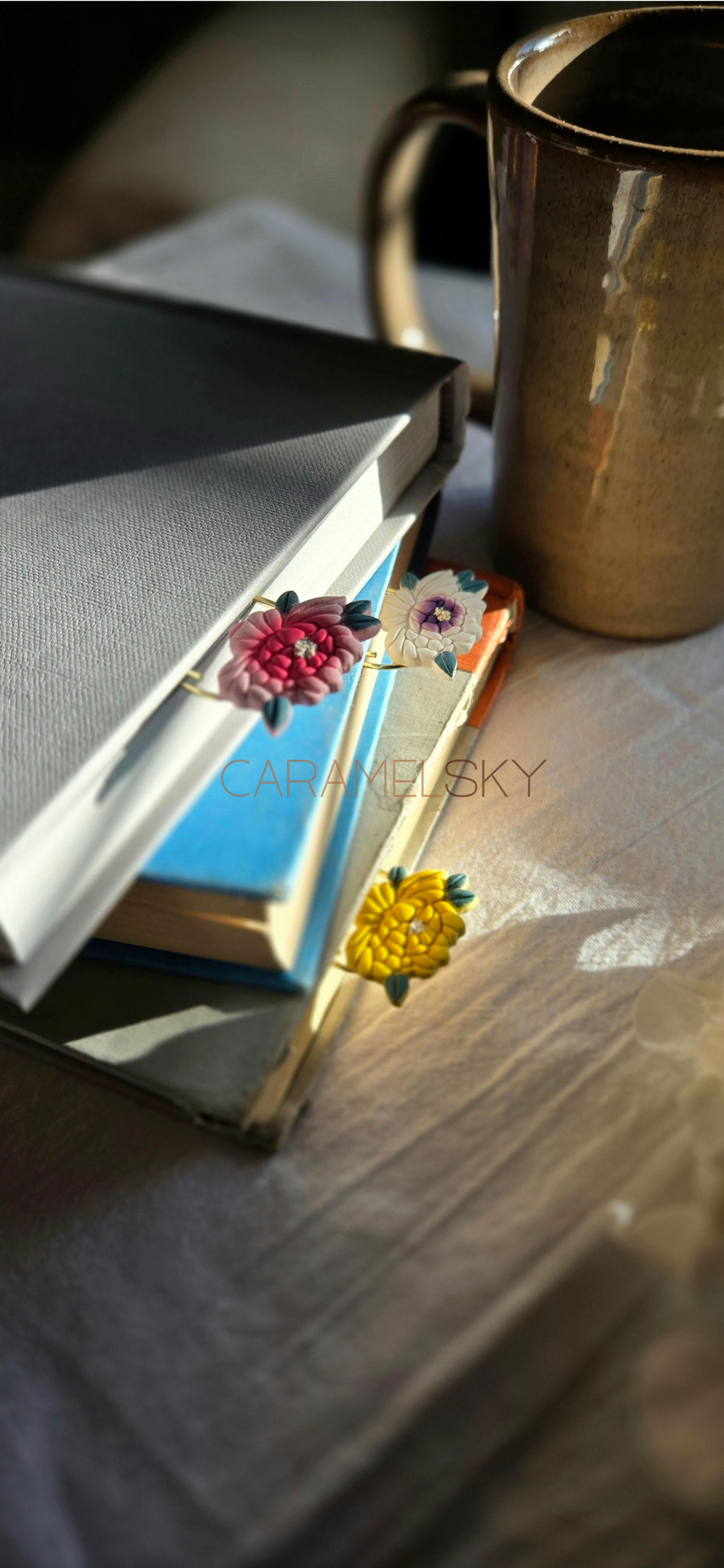 Caramel Sky – wholesale Bookmark – Handmade Peony Flower Paperclip Bookmark, Clay Bookmark9