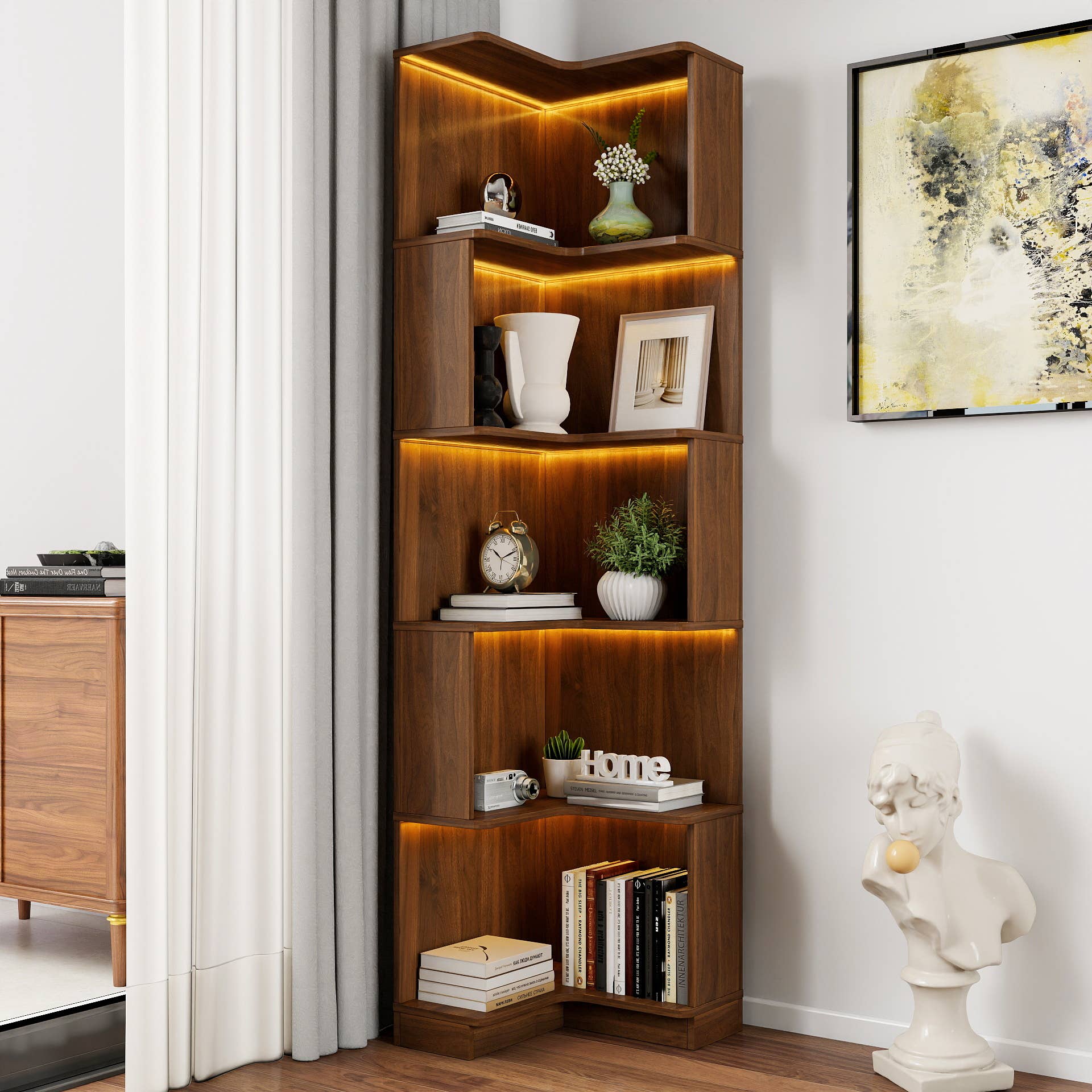 39F Inc. - Wholesale Bookcase - 5-Tier Corner Bookshelf with LED Lights for Display&Storage1