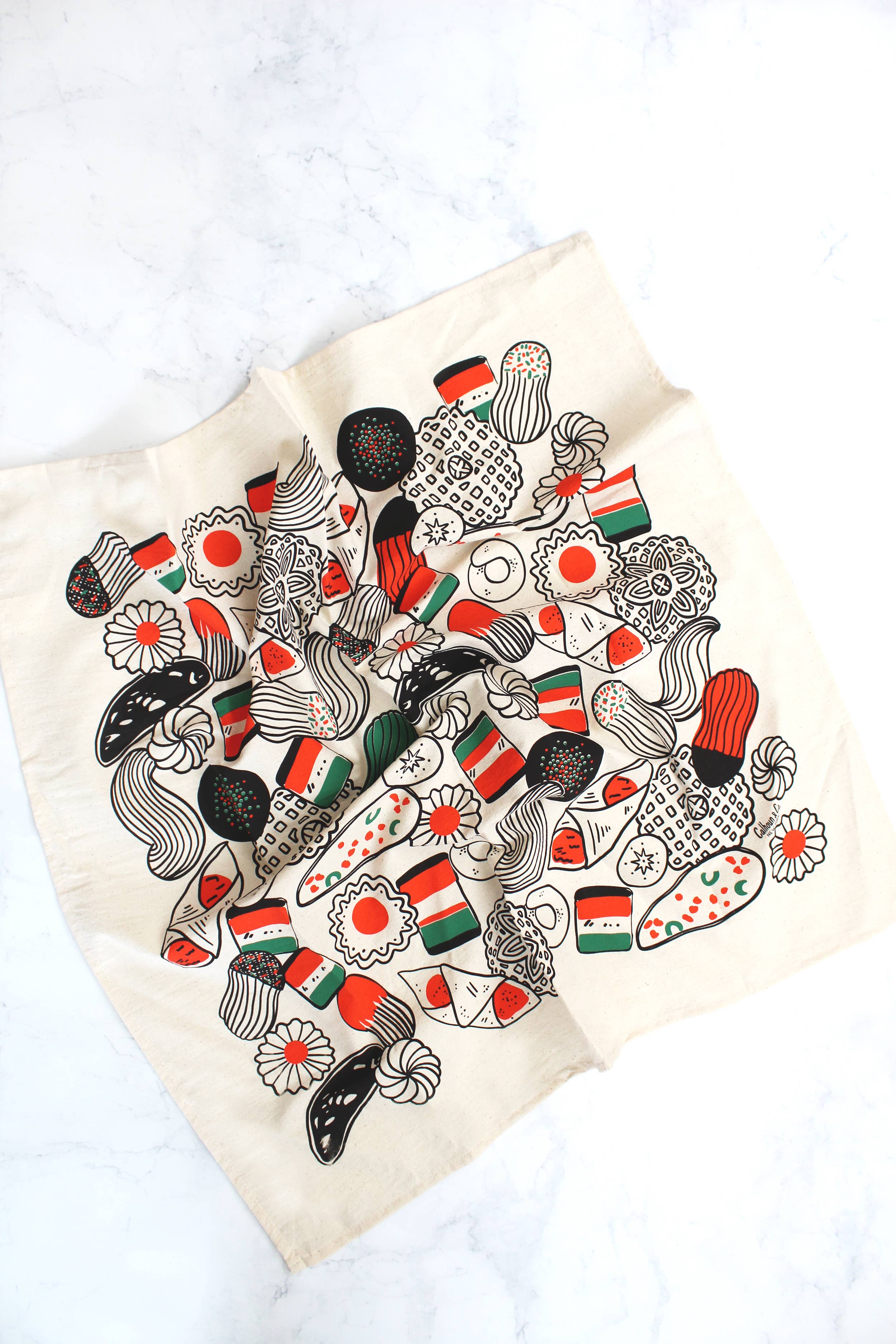 Calhoun & Co. - Wholesale Tea Towel - Italian Holiday Cookies Screen Printed Tea Towel 3
