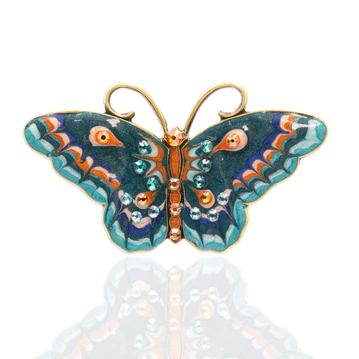 Jill's Garden Flower Butterfly Blue Zircon Brooch for wholesale by Anne Koplik Designs, Inc.