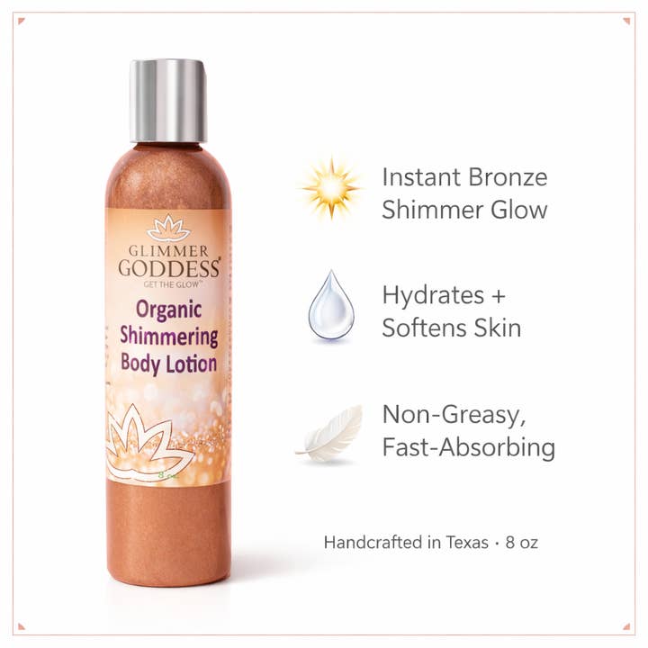 Økologisk Bronze Shimmer Body Lotion – Opbyggelig Lysende Glød for engroshandel hos Glimmer Goddess®