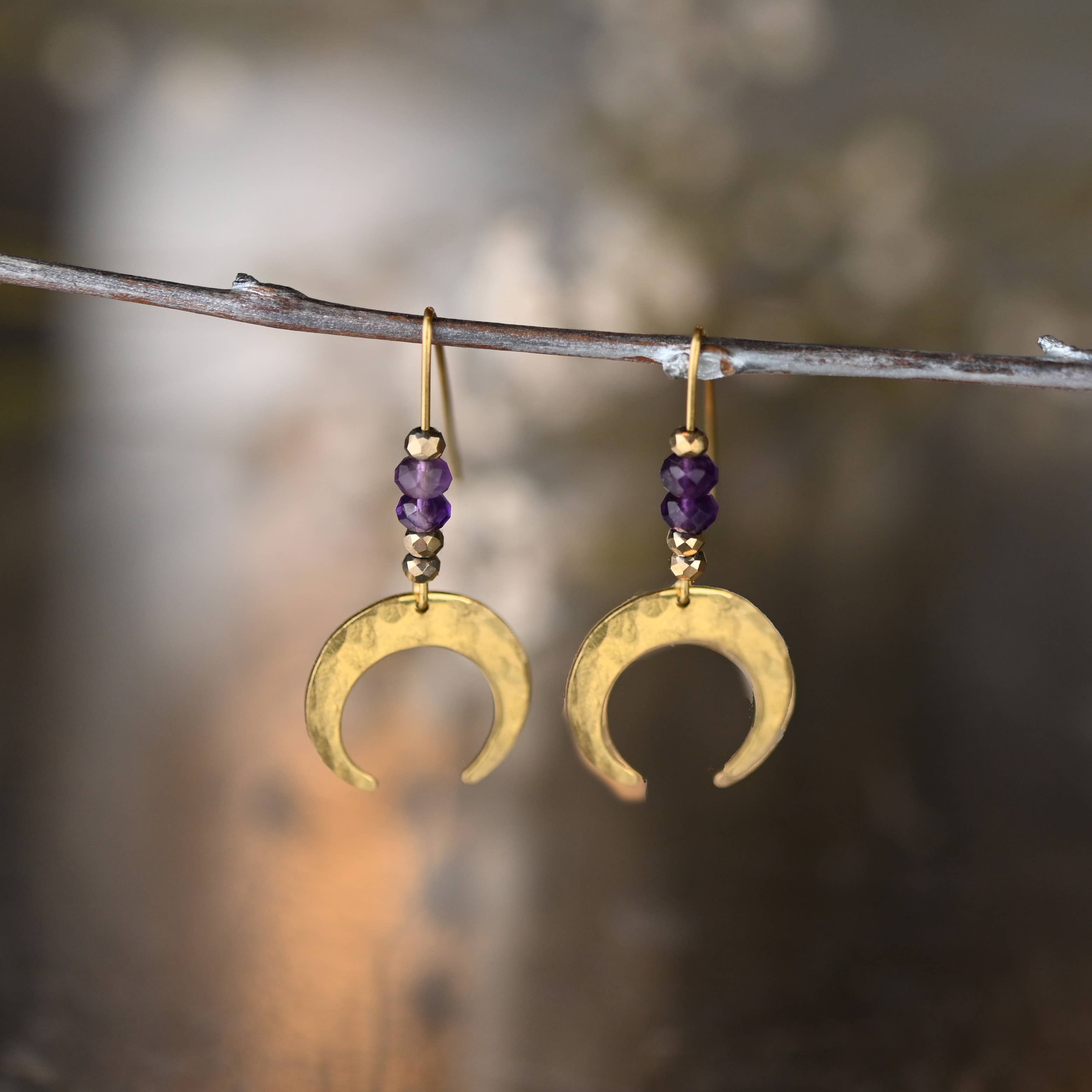 KBD Studio - Wholesale Dangle Earrings - Brass Hammered Crescent Moon w/ Semi Precious Earrings2