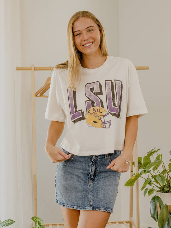 Geaux LSU Tigers Helmet Fade Off White Cropped Tee for wholesale by LivyLu