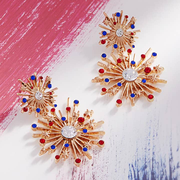 Sensibling Corp. - Wholesale Dangle Earrings - Rhinestone Paved American USA Flag Theme Starbursts Earrings