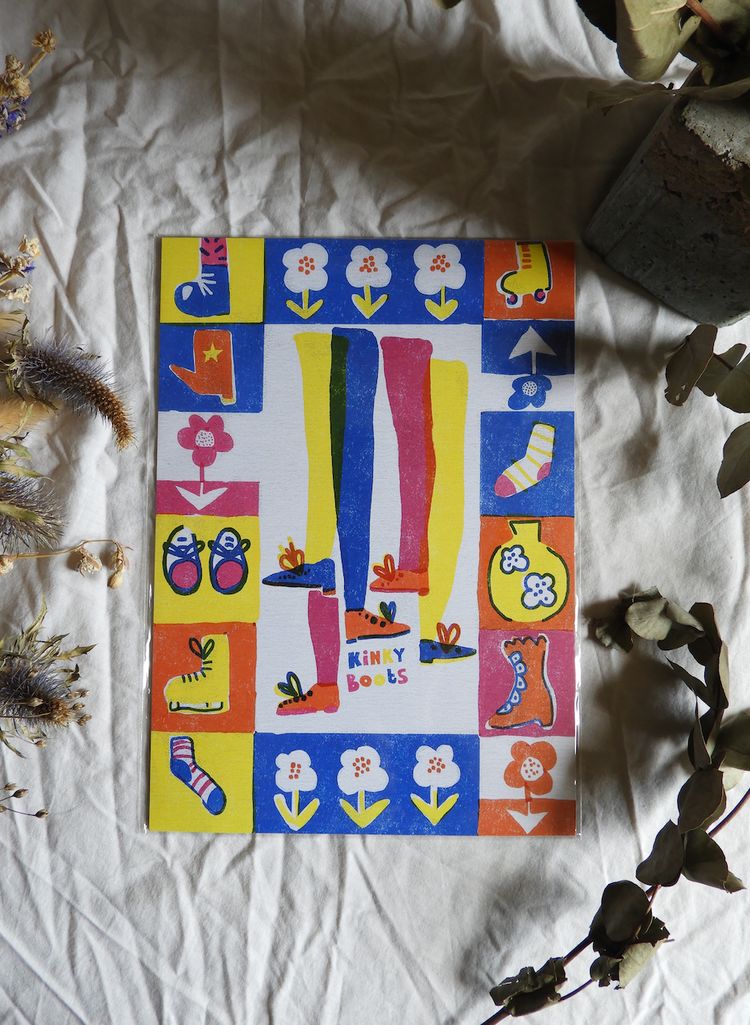 Rebecca Joy Ltd – wholesale Konsttryck – 'Kinky Boots' | Skor | Hem | Indie | Risografstil Tryck1