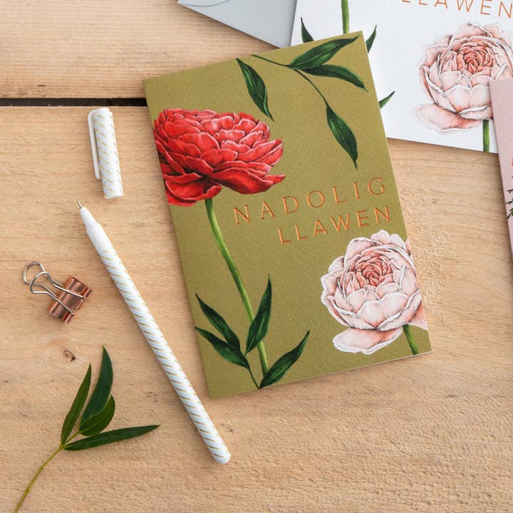 Berry Roses Gwyrdd - Nadolig -Cymraeg/Welsh Christmas Card for wholesale by Catherine Lewis Design
