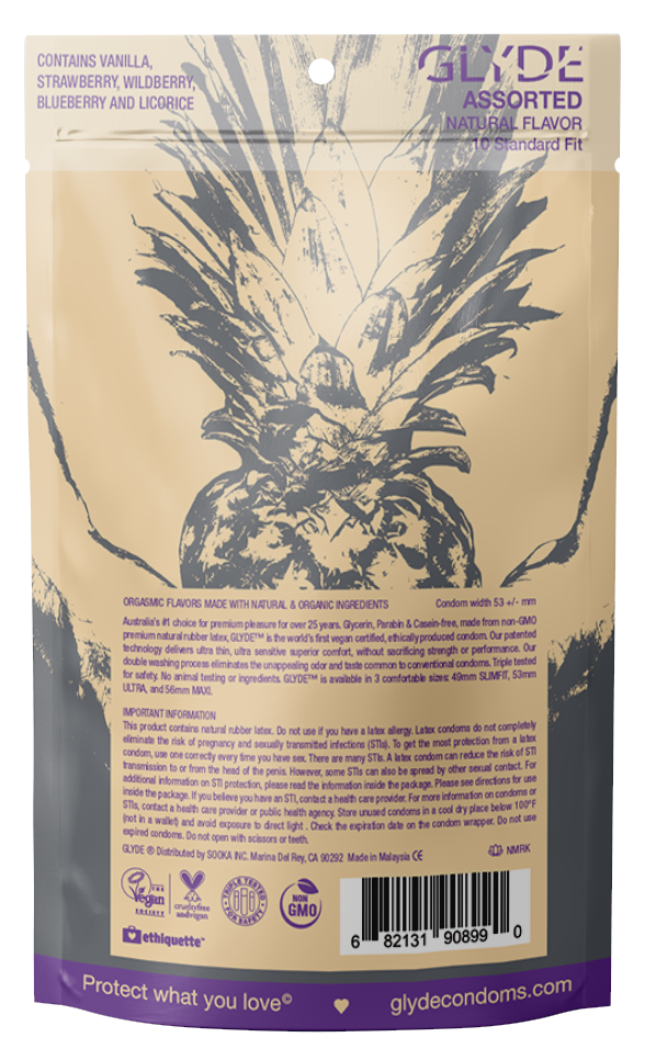 GLYDE & UNION Premium Vegan Condoms - Wholesale Contraceptive/Condom - ULTRA Vegan Assorted Flavors (Standard 53mm) 10-Count1