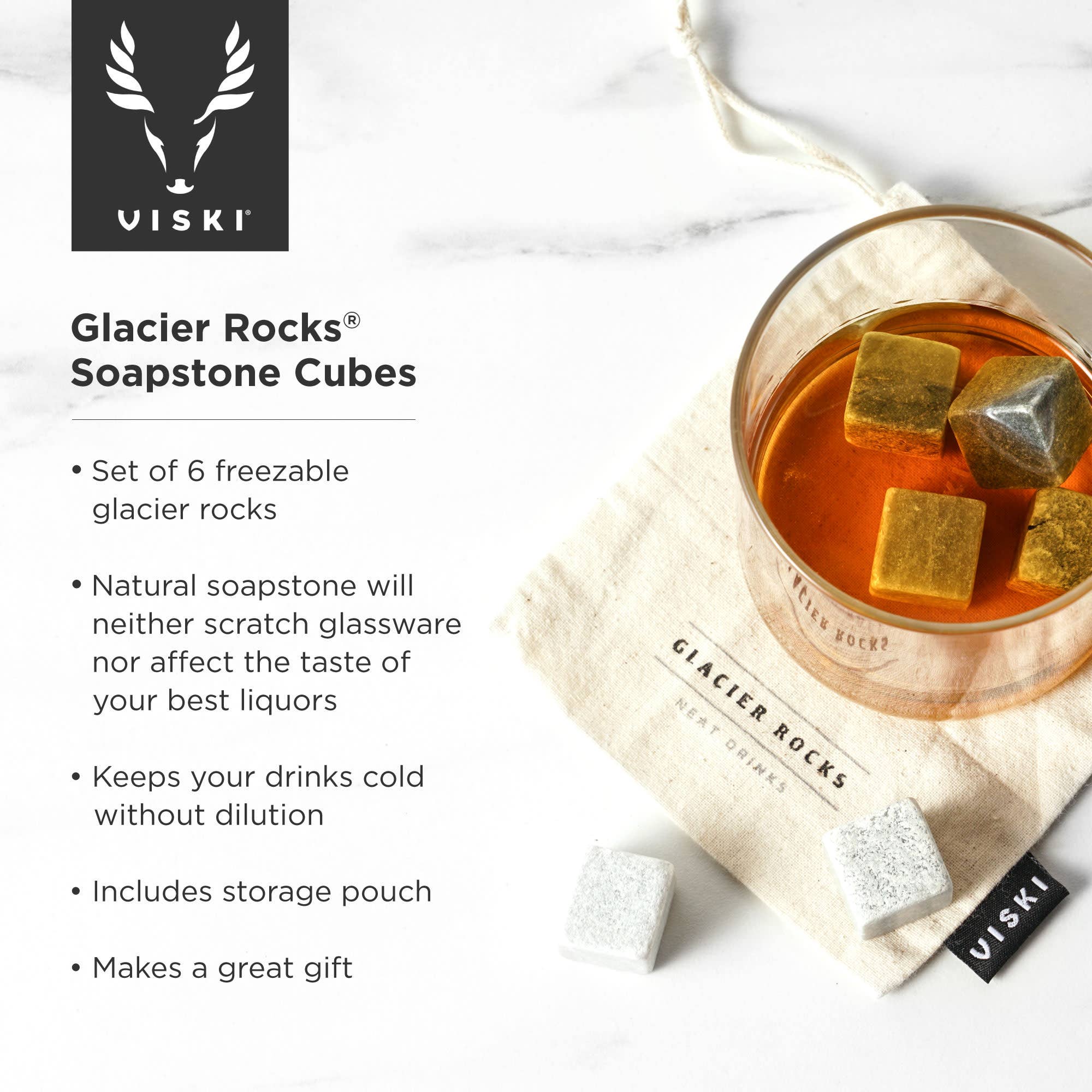 Viski - Wholesale Drink Chilling Cubes - Glacier Rocks® Small Soapstone Whiskey Cubes Set of 64