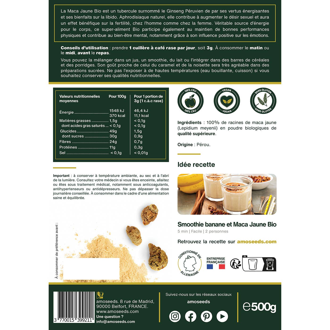 Amoseeds - Wholesale Protein/Superfood Powder - Organic Yellow Maca Powder 500g4