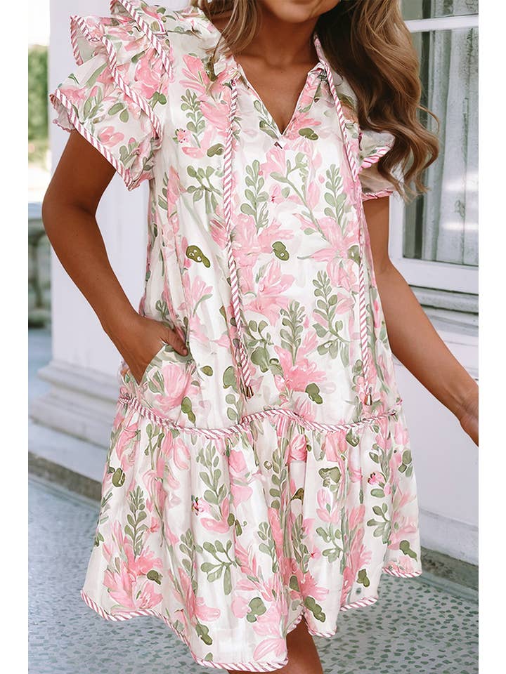 Little Daisy Closet - Wholesale Dress - Women's - LDC Floral Contrast Edge Layered Short Sleeve Mini Dress