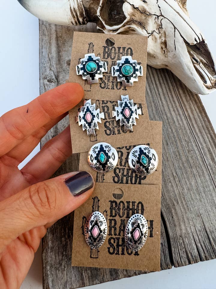 Western Hand Stone Aztec Post Earrings - turquoise pink for wholesale by Boho Ranch Shop